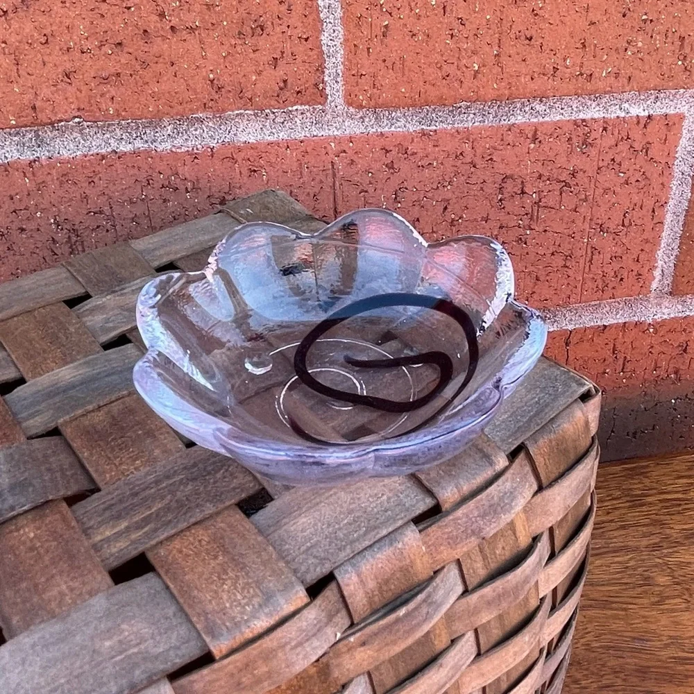 Handmade Scalloped Purple & Clear Glass Bowl Jewelry Sink Vanity Bedside Dish